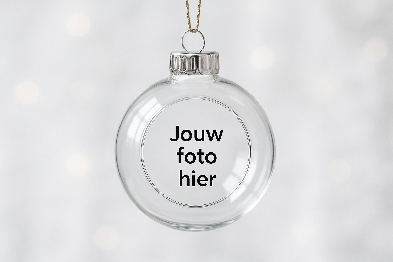 Doorzichtige kerstbal, met in het midden plek voor een afbeelding waar nu de tekst "Jouw foto hier" staat