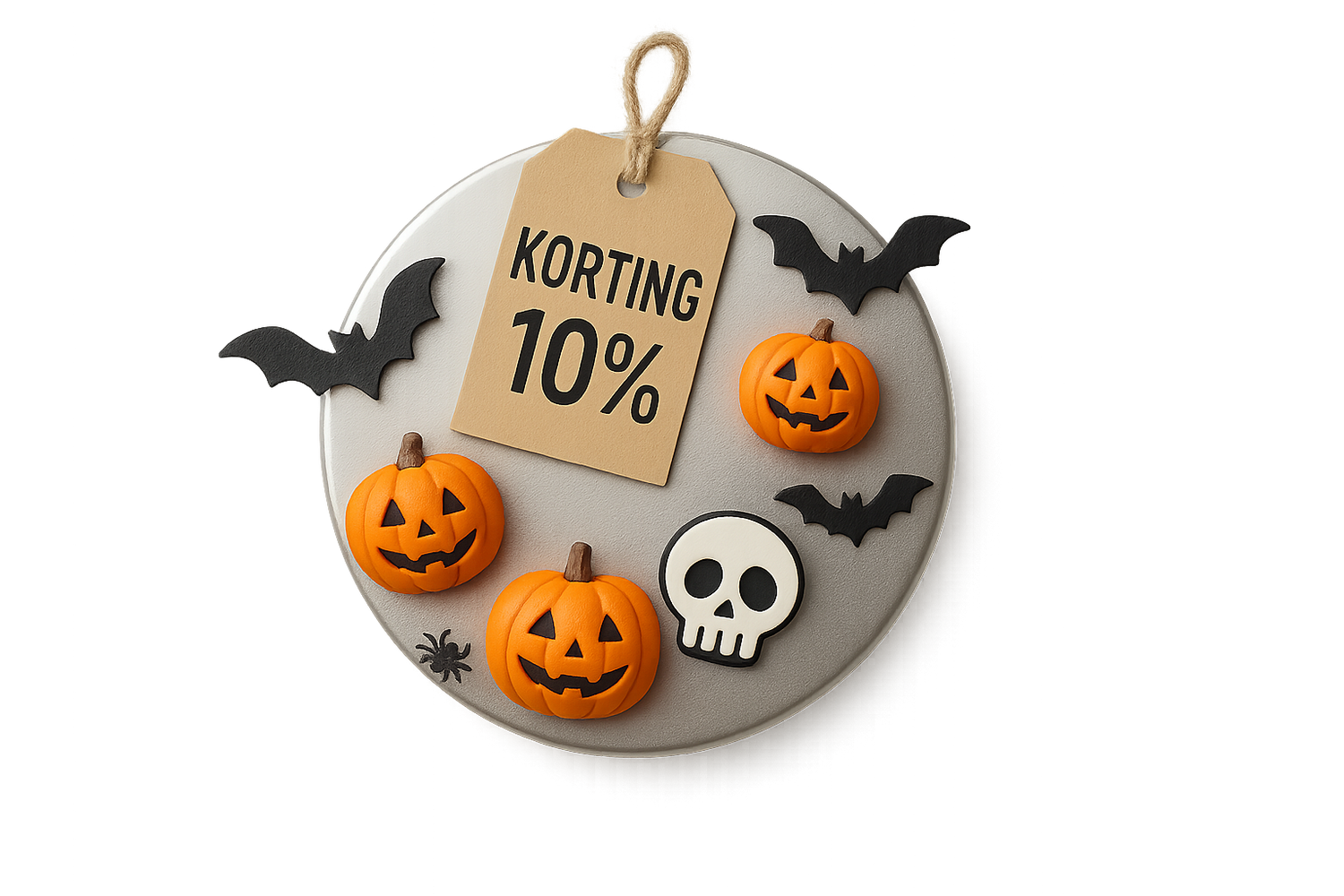 Een grote zilveren blakmagneet met halloween decoratie op de magneet, alsook een tagg die van de magneet hangt met de tekst "korting 10%", zorg dat deze afbeelding geen achtergrond heeft