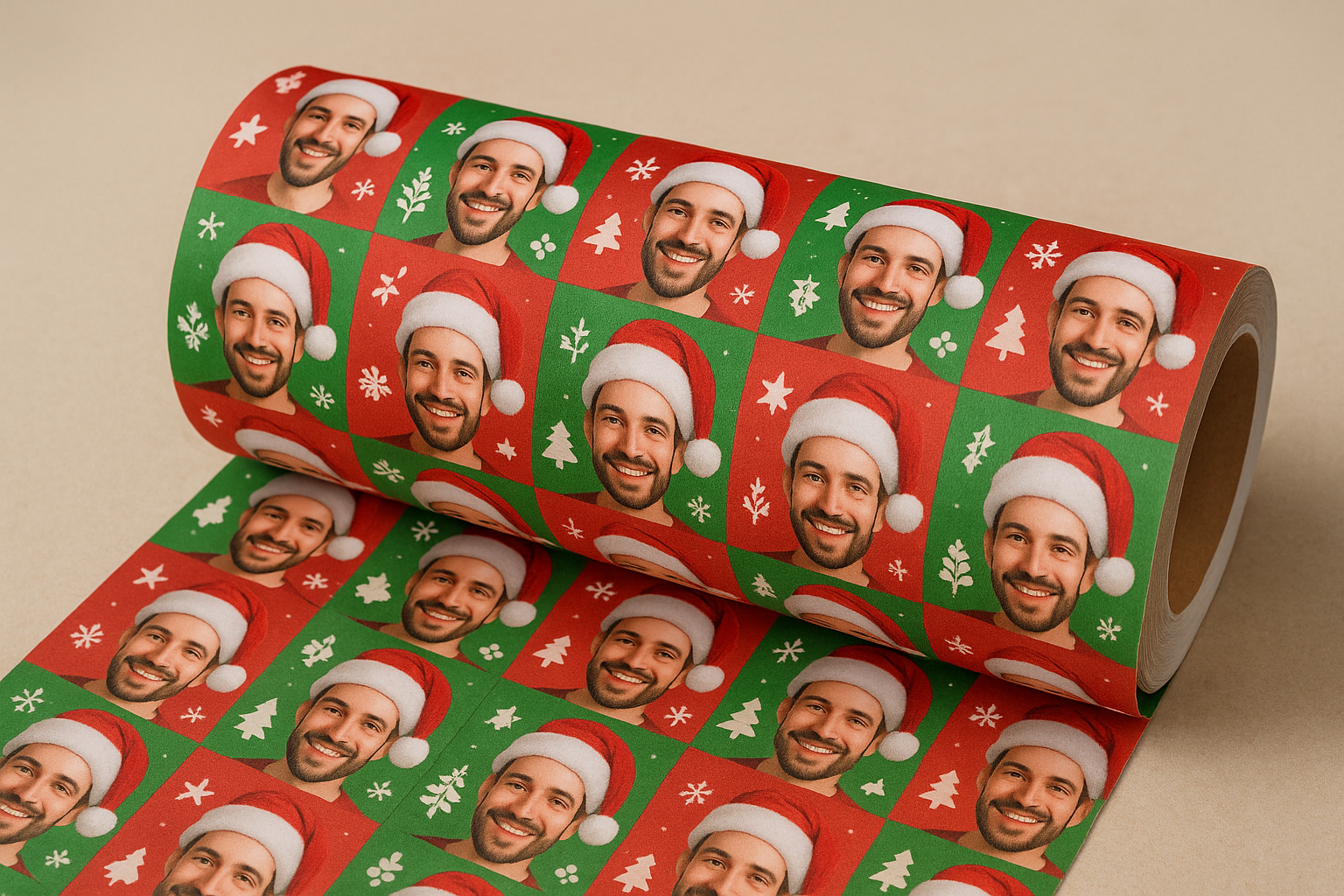 Een rol gepersonaliseerd inpakpapier, op het inpakpapier wil ik een man in een kerstmuts, de rol mag een rood en groene achtergrond hebben. helemaal in de kerstsfeer