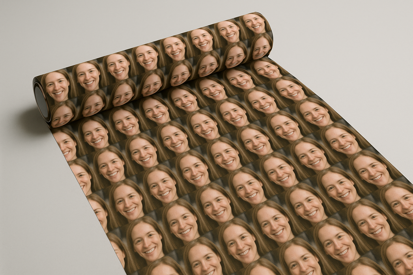 Een rol inpak papier met de foto van een vrouw haar gezicht op, niet een grote foto maar een heel deel kleine fotos van haar gezicht