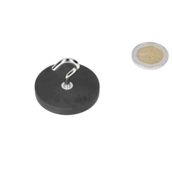 Zwart ronde haakmagneet van 43 mm met rubberen ommanteling en neodymium magneet in beschermende rubberbehuizing