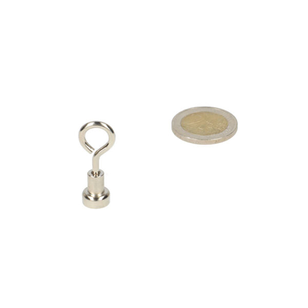 Zilverkleurige oogboutmagneet met stalen behuizing en loop, krachtige neodymium n40 magneet voor metalen bevestiging