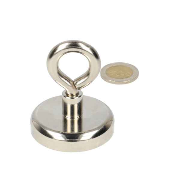 Silverkleurige neodymium n40 magneet met lus en stalen behuizing voor industriële toepassingen