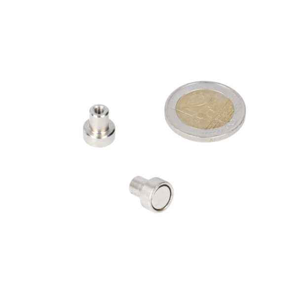 Potmagneet 10 x 4.5 mm met draadbus m3 biedt een eenvoudig te bevestigen zilveren cilindrische magneet met metalen afwerking