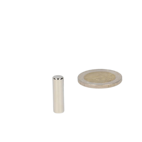 Staafmagneet 6 x 20 mm zilverkleurige hoogwaardige neodymium magneet naast een euro munt voor schaalzicht