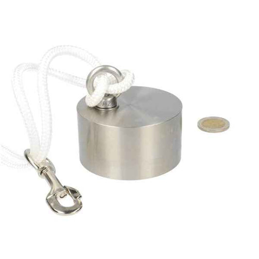 Vismagneet Ø75×40 mm – 250KG trekkracht + 20m touw, oogmoer, bout & musketon