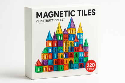 Een speelgoeddoos, zoals een speelgoeddoos van een puzzel of een gezelschapsspel voor het product magnetic tiles met daarop een prachtig bouwwerk gemaakt uit 220 stukken magic tiles