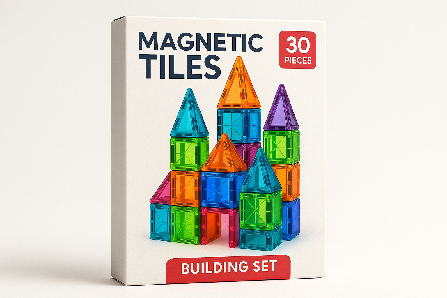 Een speelgoeddoos, zoals een speelgoeddoos van een puzzel of een gezelschapsspel voor het product magnetic tiles met daarop een prachtig bouwwerk gemaakt uit 30 stukken magic tiles