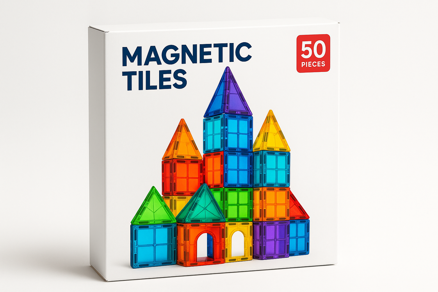 Een speelgoeddoos, zoals een speelgoeddoos van een puzzel of een gezelschapsspel voor het product magnetic tiles met daarop een prachtig bouwwerk gemaakt uit 50 stukken magic tiles