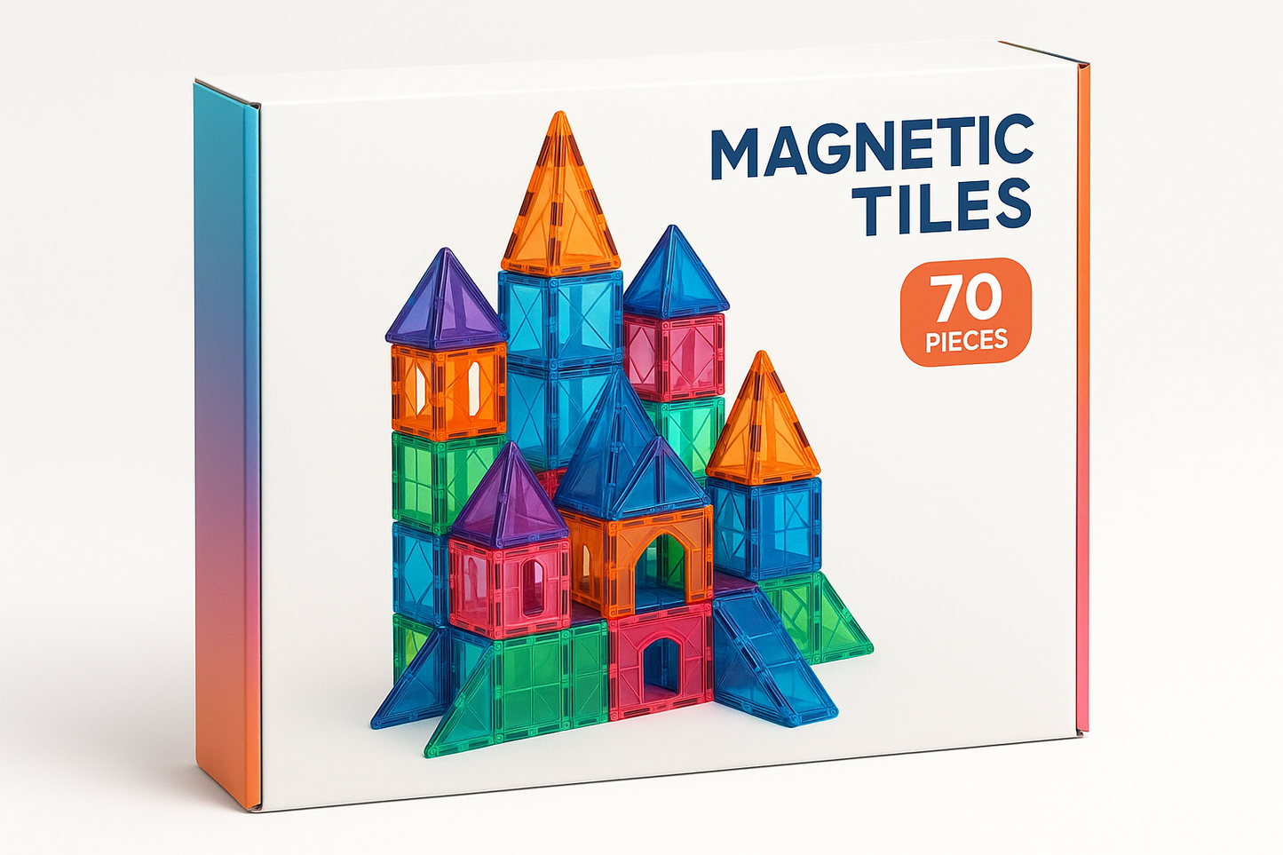 Een speelgoeddoos, zoals een speelgoeddoos van een puzzel of een gezelschapsspel voor het product magnetic tiles met daarop een prachtig bouwwerk gemaakt uit 70 stukken magic tiles