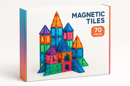 Een speelgoeddoos, zoals een speelgoeddoos van een puzzel of een gezelschapsspel voor het product magnetic tiles met daarop een prachtig bouwwerk gemaakt uit 70 stukken magic tiles