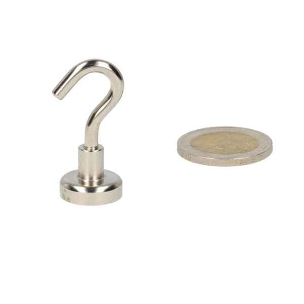 Zilverkleurige krachtige neodymium n40 magneet haak met gepolijste metalen afwerking en stalen behuizing cirkelvormig base