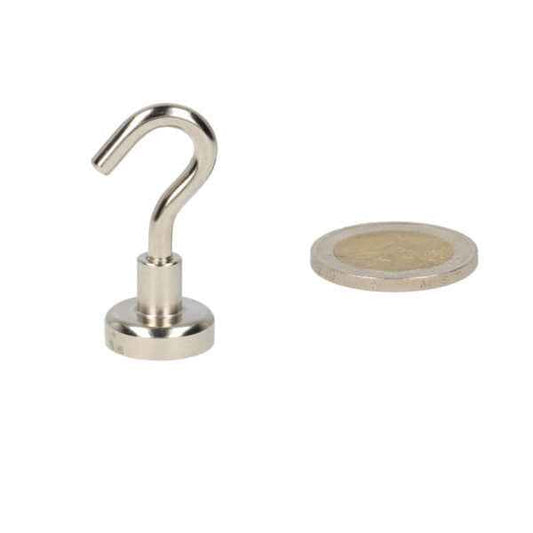 Zilverkleurige haakmagneet met gepolijste stalen behuizing en krachtige neodymium n40 magneet met cirkelvormige basis