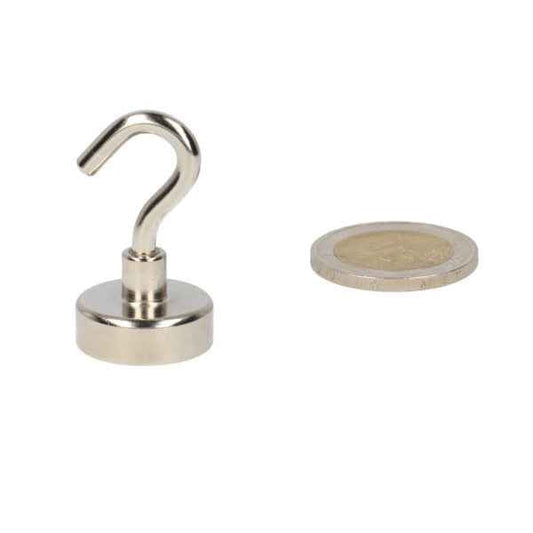 Zilverkleurige krachtige neodymium magneet met stalen behuizing en handige magneet haak met ronde basis