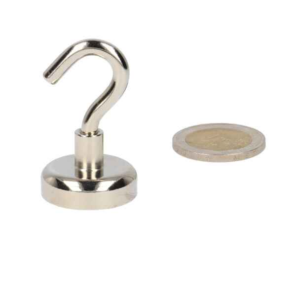 Zilverkleurige haakmagneet met krachtige neodymium n40 magneet en stalen behuizing met ronde basis