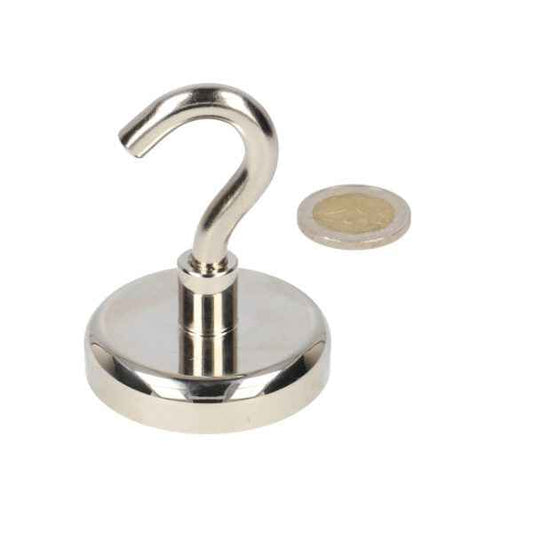 Shiny zilveren haakmagneet met krachtige neodymium magneet en stalen behuizing in compacte afmetingen