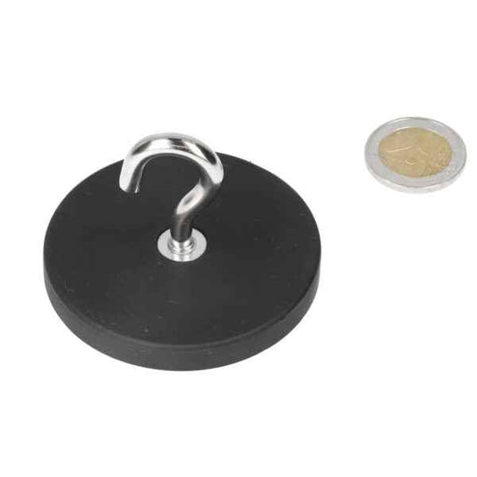 Zwarte haakmagneet van 66 mm met rubberen ommanteling en krachtige neodymium magneet met zilveren haak