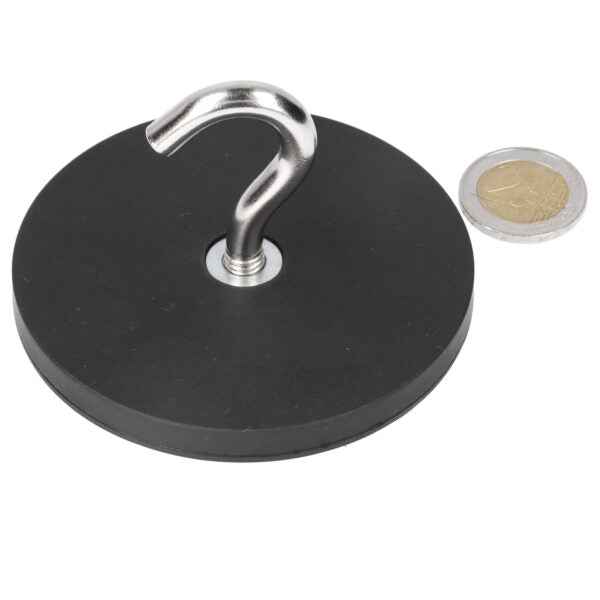 Zwarte ronde haakmagneet 88 mm met neodymium en beschermende rubberbehuizing voor veelzijdige oplossing