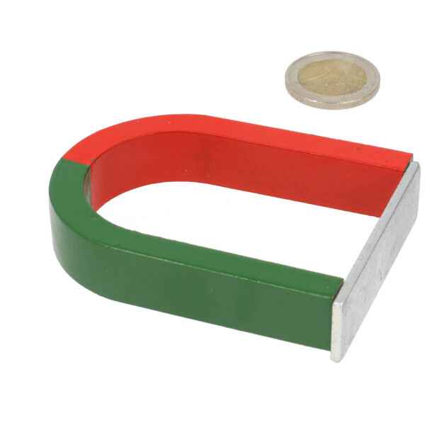 U-vormige hoefijzermagneet alnico 80x60x15mm met rood en groen geschilderd oppervlak en metalen uiteinde