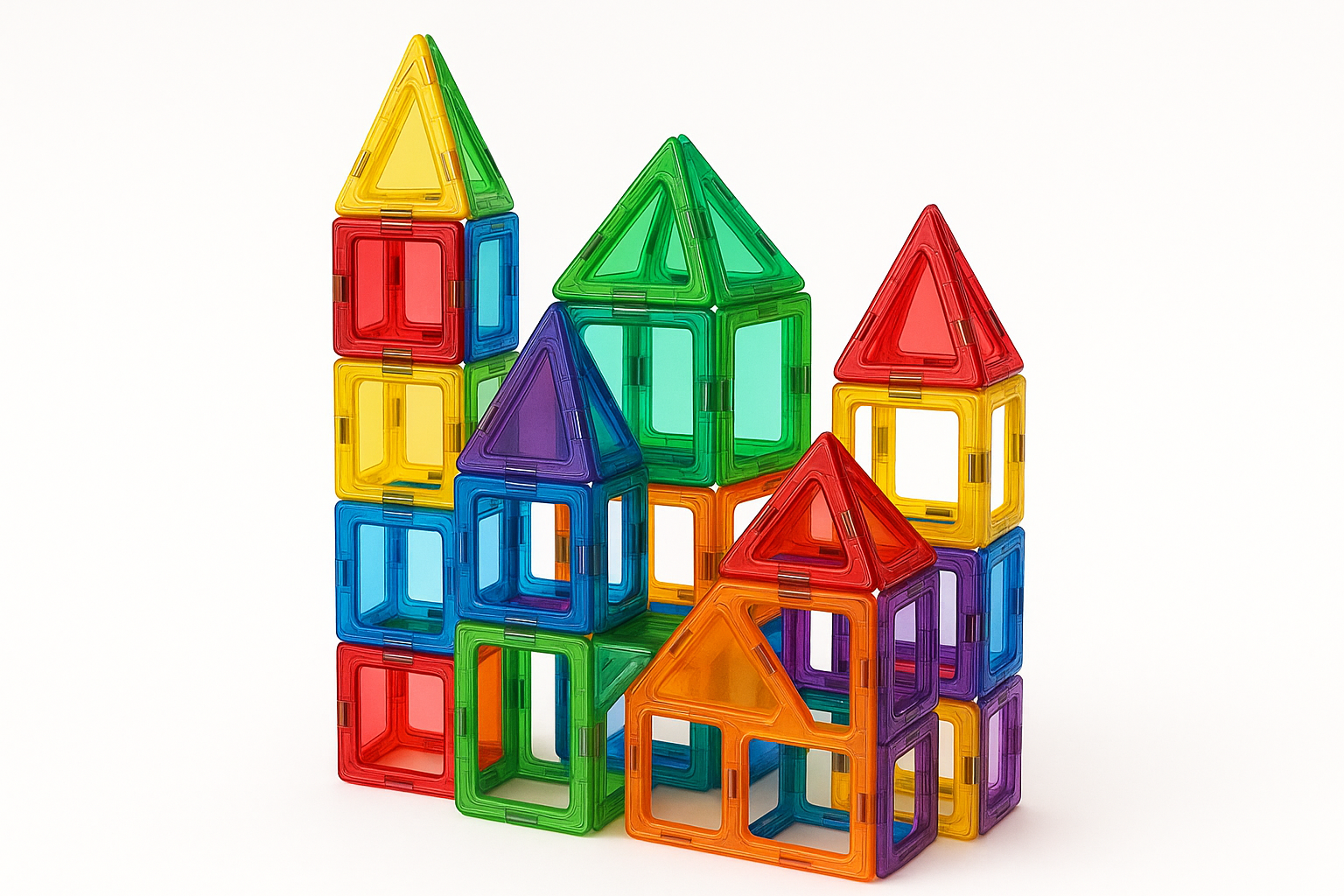 Magnetic tiles speelgoed bouwwerk in een vierkante afbeelding met een witte achtergrond