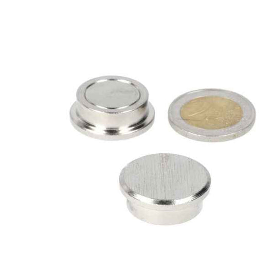 Twee zilverkleurige memomagneet 25 mm magneetjes met geborstelde en gepolijste afwerking naast een euromunt ideaal voor gebruik