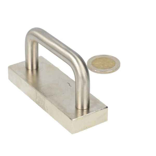 Zilverkleurige neodymium blokmagneet 85x30x12 mm met rvs greep geschikt voor industriële toepassingen