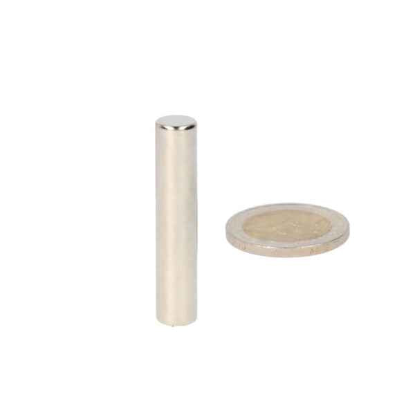 Zilverkleurige neodymium magneet 8x40 mm n45 krachtige staafmagneet naast munt voor diverse toepassingen