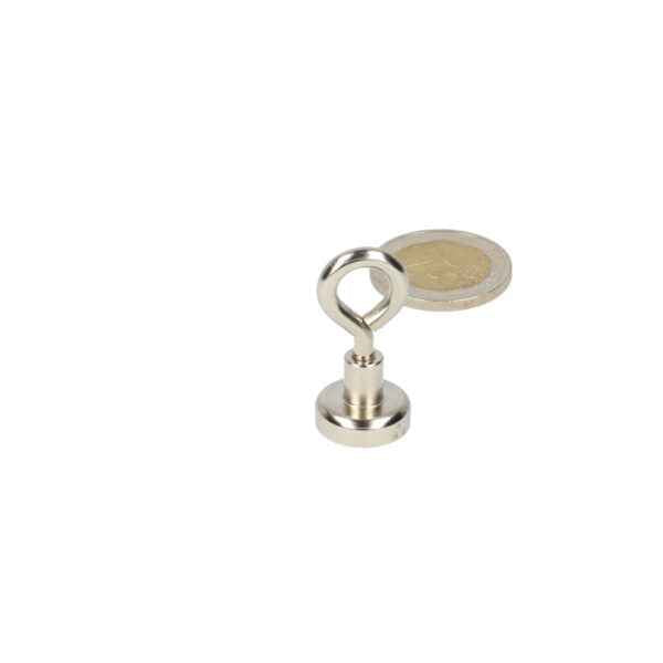 Silverkleurige oogboutmagneet met stalen behuizing en krachtige neodymium n40 magneet voor munthouder