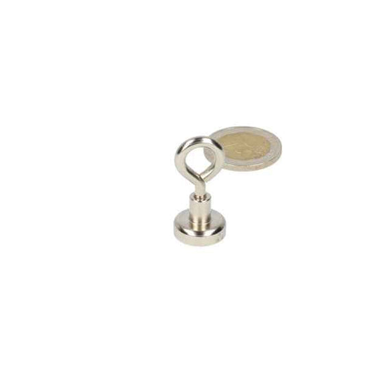 Silverkleurige oogboutmagneet met stalen behuizing en krachtige neodymium n40 magneet voor munthouder