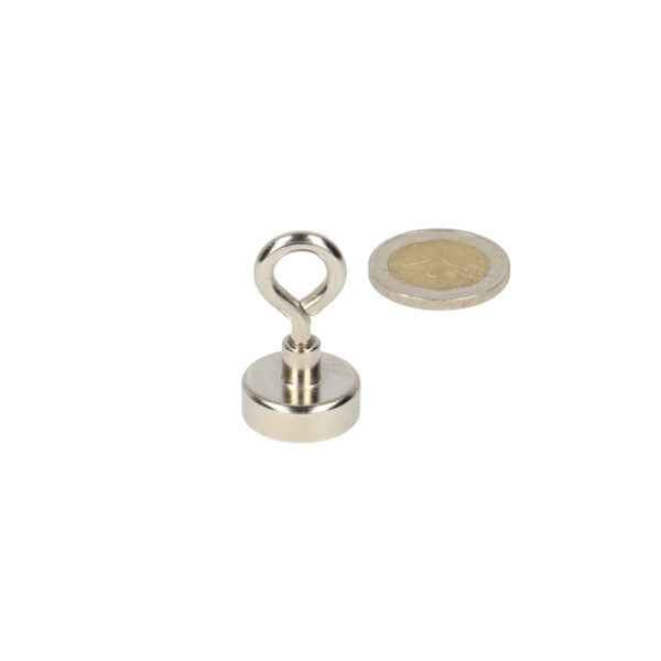 Silver-toned circular neodymium n40 magneet with loop handle in stalen behuizing for holding keys or papers