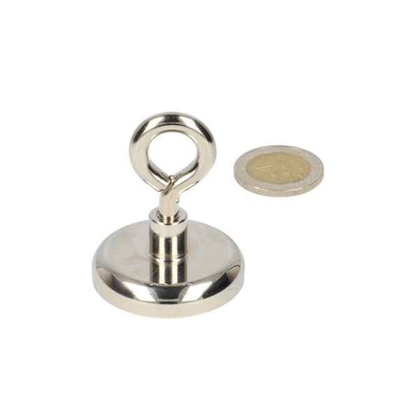 Shiny zilveren oogboutmagneet met krachtige neodymium n40 magneet en stalen behuizing met lusvormige handgreep