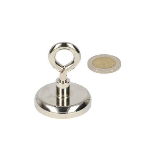 Shiny zilveren oogboutmagneet met krachtige neodymium n40 magneet en stalen behuizing met lusvormige handgreep