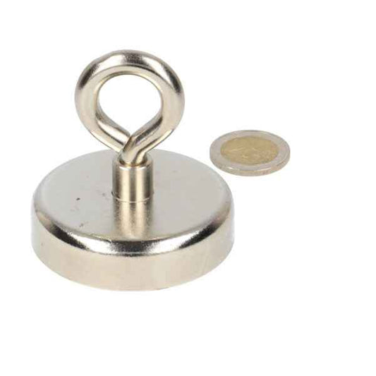 Zilverkleurige circulaire oogboutmagneet met lus in stalen behuizing neodymium n40 magneet