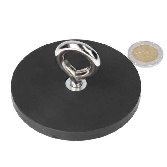 Oogboutmagneet met rubberen ommanteling zwart met neodymium n40 magneet en zilveren metalen ring in het midden
