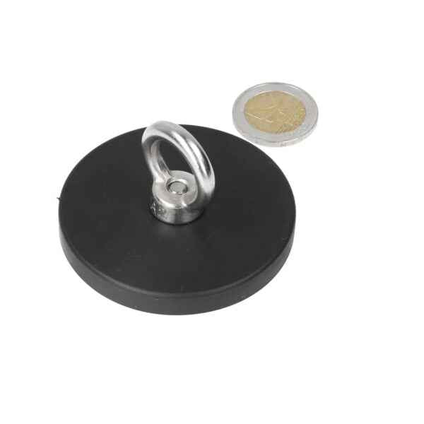 Black circular oogboutmagneet rvs with rubberen ommanteling and silver metal ring neodymium n40 magneet corrosion resistant