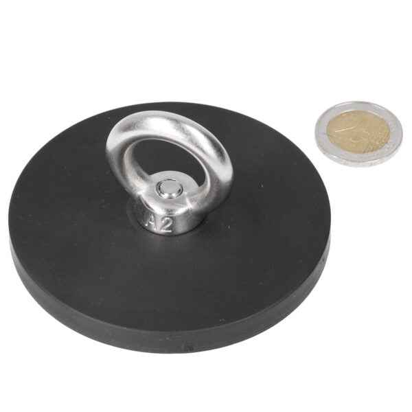 Zwarte ronde oogboutmagneet rvs met zilverkleurige metalen ring en rubberen ommanteling neodymium n40 magneet