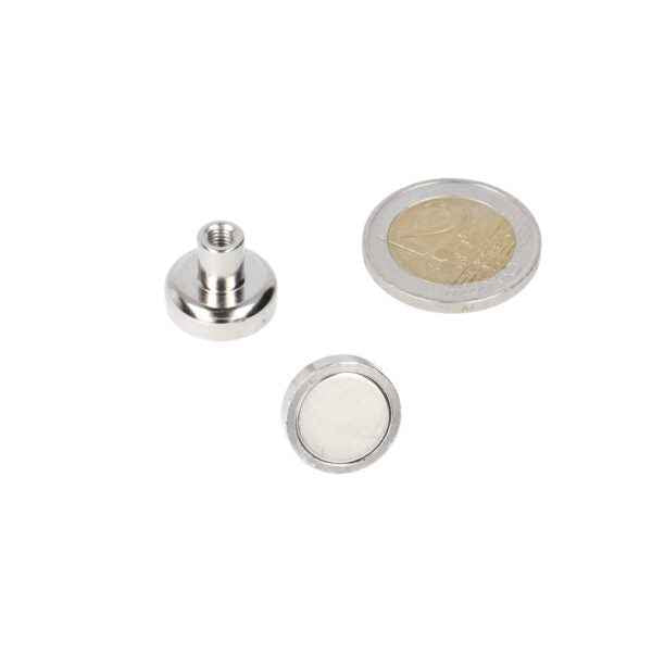Zilver metalen potmagneet 16 x 5 mm met draadbus m4 en sterke magnetische grip voor montage toepassingen