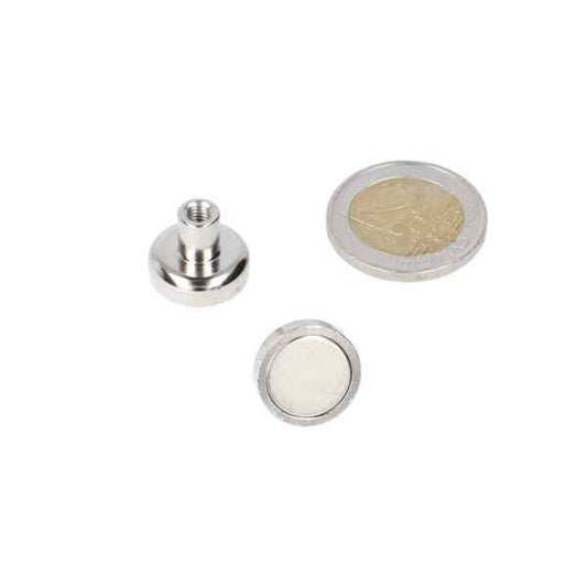 Zilver metalen potmagneet 16 x 5 mm met draadbus m4 en sterke magnetische grip voor montage toepassingen