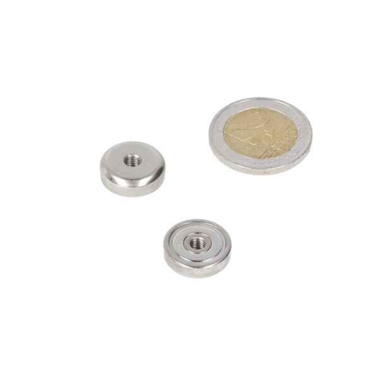 Zilverkleurige metalen potmagneet 16 x 5 mm met krachtige magnetische werking en inwendige schroefdraad m4 voor verschillende toepassingen