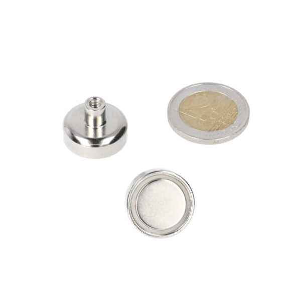 Zilverkleurige potmagneet 20 x 6 mm met sterke magnetische basis en draadbus m4 inclusief bijpassende magneetcapsule
