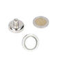 Zilverkleurige potmagneet 25 x 7 mm met draadbus m5 en ring naast een munt voor diverse toepassingen
