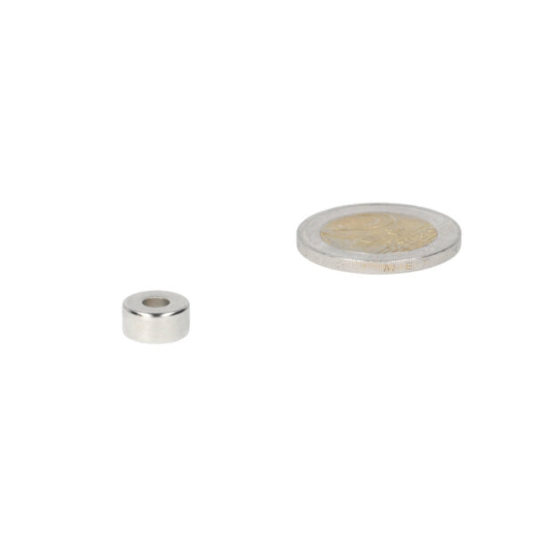 Ringmagneet 10 x 4 x 5 mm zilver neodymium met centraal gat en euro munt voor schaal diverse toepassingen veelzijdig gebruik