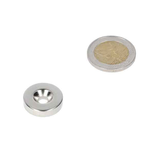 Zilverkleurige ringmagneet met boor-verzinkgat en krachtige magnetische noord pool, afmetingen 20 x 9,8 x 5,1 mm