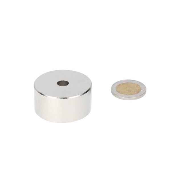 Ringmagneet zilverkleurig cilindrisch met centrale gat 40 x 8 x 20 mm naast munt ter schaal voor toepassingen magneten