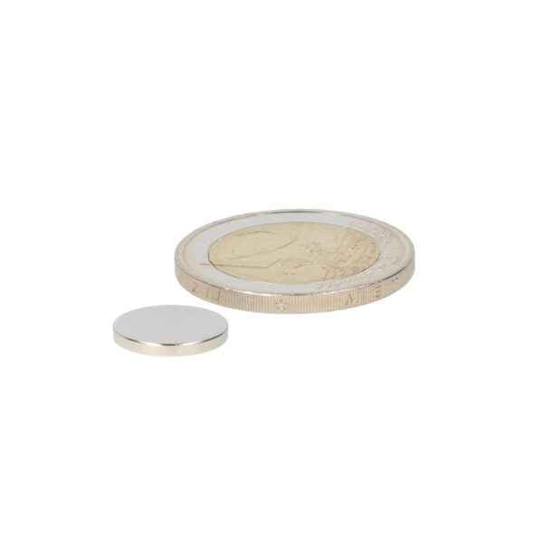 Zilverkleurige schijfmagneet 12 x 1,5 mm van neodymium naast euro munt, geschikt voor industriële toepassingen met uitstekende prestaties
