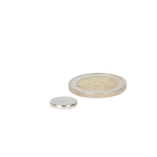 Zilverkleurige schijfmagneet 12 x 2 mm van neodymium met sterke aantrekkingskracht voor professioneel gebruik naast euromunt