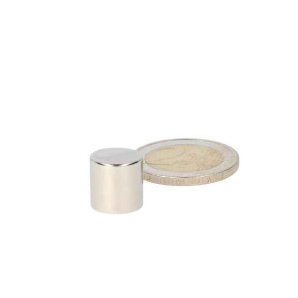 Silverkleurige cilindervormige schijfmagneet 12 x 12 mm van krachtige neodymium magneet met gepolijste metalen afwerking