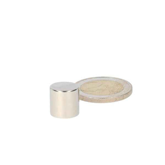 Silverkleurige cilindervormige schijfmagneet 12 x 12 mm van krachtige neodymium magneet met gepolijste metalen afwerking