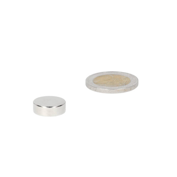 Zilverkleurige schijfmagneet 15 x 5 mm van neodymium magneet naast muntstuk ter vergelijking van grootte