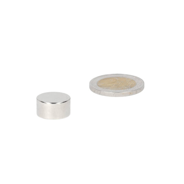 Zilverkleurige schijfmagneet 15 x 8 mm van neodymium naast muntstuk voor schaal bij krachtige neodymium magneet diverse toepassingen
